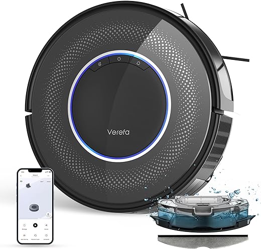 Verefa Robot Vacuum and Mop Combo, Robot Vacuum 3200Pa Suction, 150Mins Runtime, Quiet Cleaning Robot Vacuum Cleaner, Self-Charging, Set Schedule, APP & Voice Control, Ideal for Carpet, Hard Floor