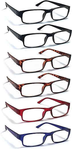 Boost Eyewear 6 Pack Reading Glasses, Traditional Frames in Assorted Colors, for Men and Women, with Spring Loaded Hinges