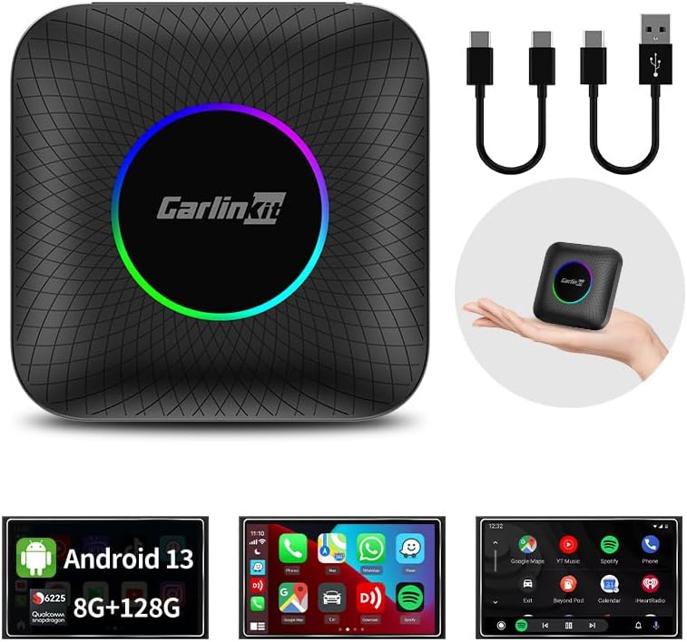 Carlinkit Newest Android 13.0 Ai Box LED, 8+128GB with Qualcomm 8-cores, 3-in-1 Wireless CarPlay/Android Auto Comes with Google Play Store, Streaming Video, Only for The Vehicle with Wired CarPlay
