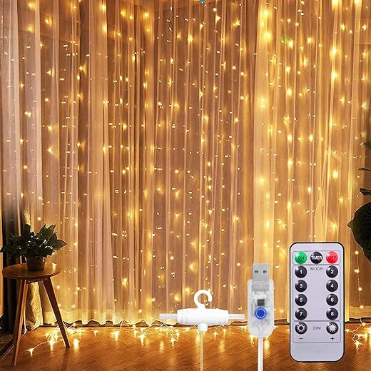 ستارة مصابيح LED من الأسلاك للنافذة مقاومة للماء مع جهاز تحكم عن بعد ووصلة USB للعطلات وحفلات الزفاف وأعياد الميلاد والجدار والنافذة وغرفة النوم من ساينش (300 مصباح LED، مقاس 10 × 3 متر)، أصفر